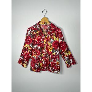 Richard Malcolm Linen Shirt Red Poppy Floral Colorful Size Medium Vintage